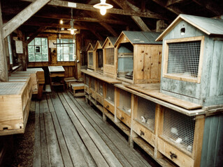 Scene of a mink farm with enclosures and minks in their cages