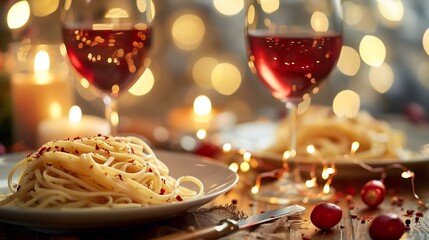 Cozy trattoria with a plate of fettuccine alfredo red wine and flickering candles enhancing the elegant ambiance