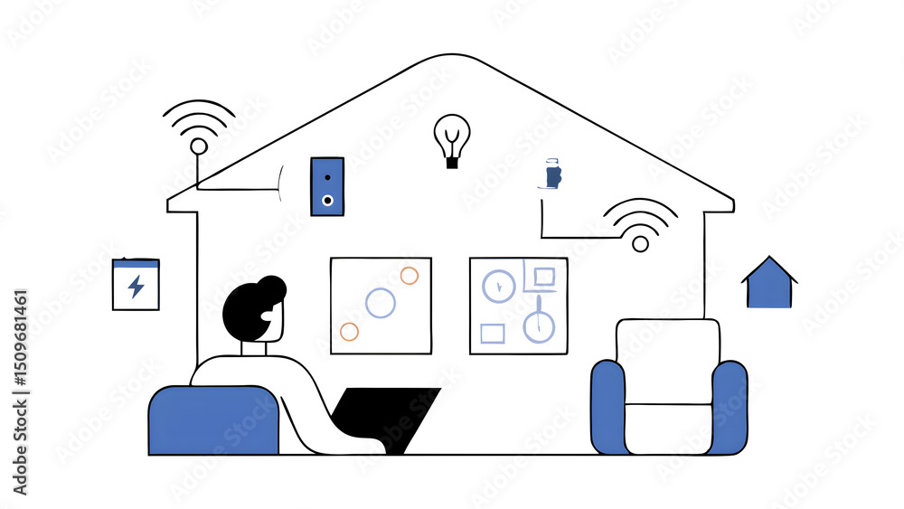 Poster smart home technology concept with person using laptop to control home automation system showing ico