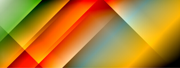 Abstract geometric shapes, vibrant colors blend. Diagonal lines create dynamic composition, gradients present smooth transitions. Modern design.