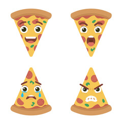 Cartoon pizza slices with expressive faces showing emotions like happy, angry, sad, and surprised, topped with pepperoni and vegetables.