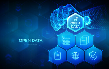 Open data database. Digital file storage system software. Online documentation database technology concept. Integration API. Wireframe hand places an element into a composition visualizing DMS. Vector