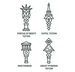 Fototapeta premium World Landmarks as Mystical Totems – Black and White Line Art Vector Icon Set
