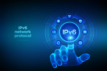 IPv6. Internet Protocol version 6. Ipv6 network protocol standard internet communication technology concept. Wireframe hand touching digital interface. Vector illustration.