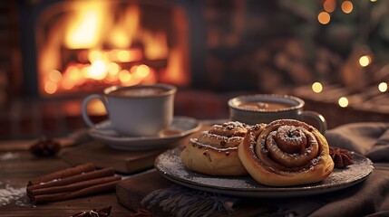 Cozy winter breakfast scene with hot chocolate cinnamon rolls and a roaring fireplace in the background