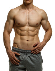 Fototapeta premium Cropped studio photo of sportive shape men wear sportswear showing perfect belly muscular isolated on transparent or white background