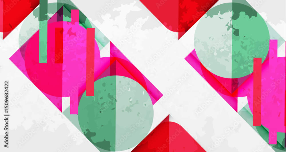 Poster Abstract geometric composition. Overlapping shapes, vibrant colors, textured background create dynamic visual effect. Modern design.