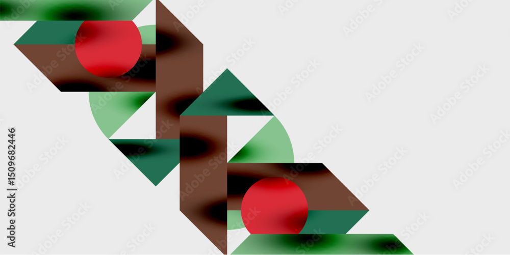 Poster abstract geometric composition. red circles intersect brown, green shapes. minimalist design, clean 