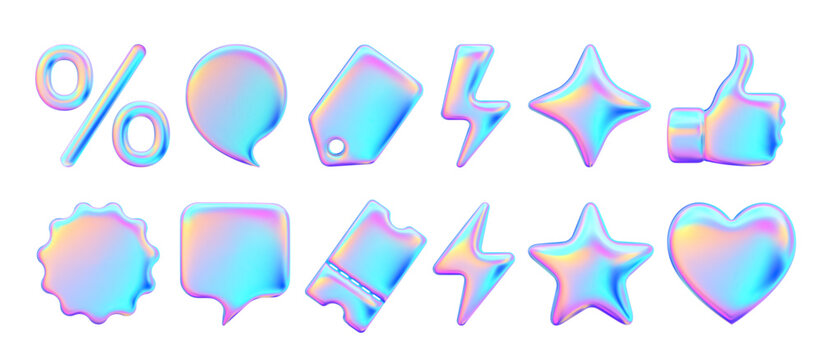Set Realistic 3d objects for advertising and promotion. Holographic iridescent elements for design of sales and discounts. Percentage symbol. Price tag, coupon, lightning, star. Vector illustration.