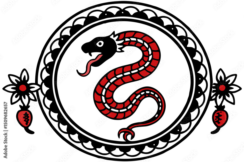 Poster decorative emblem featuring a red snake in a circular frame on a white background