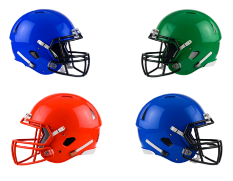 Football helmets side view in multiple colors isolated on transparent or white background