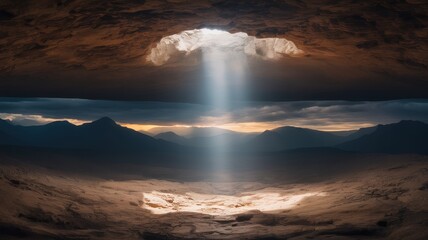 Ethereal Shaft of Light Piercing Cavern Roof, Illuminating Rugged Terrain Below with Distant Peaks