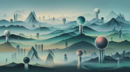 Ethereal Vista of Hazy Peaks and Mysterious Spherical Structures