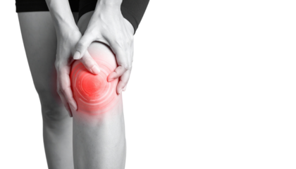 Knee discomfort highlighted, a person holds a knee with pain indicators, suggesting injury isolated on transparent or white background