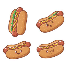 Adorable hot dog characters with cute facial expressions: happy, winking, smiling, and frowning, decorated with mustard and lettuce on a white background.