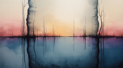 Ethereal Watercolor Landscape Painting of a Serene Sunset Reflection with Trees