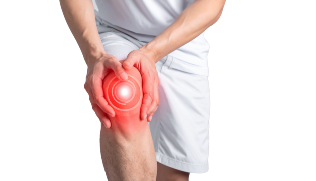 Knee discomfort highlighted, a person holds a knee with pain indicators, suggesting injury isolated on transparent or white background