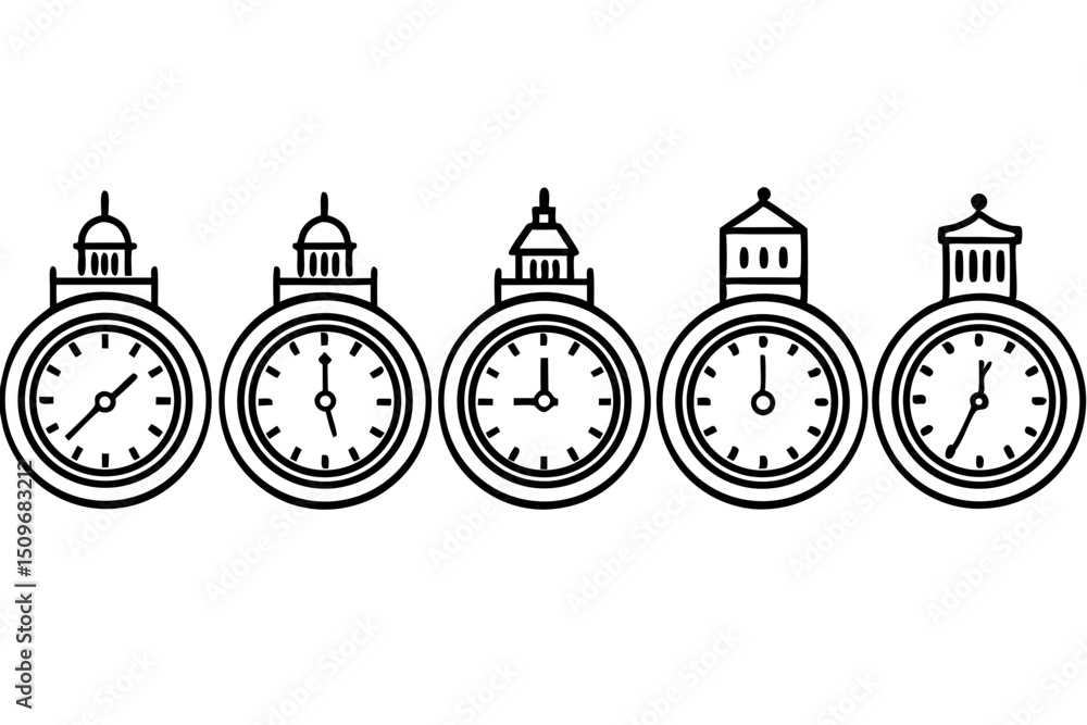 Poster line art timepieces with unique architectural designs showing different times of day