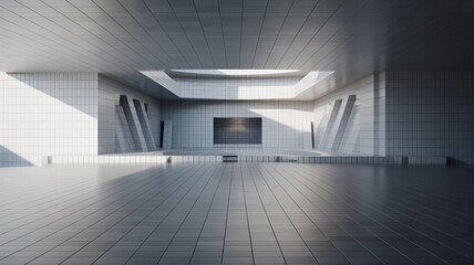 Expansive Modern Tiled Interior with Geometric Light Play and Shadows