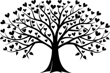 Fototapeta premium Love tree silhouette with heart shaped leaves romantic emblem design isolated