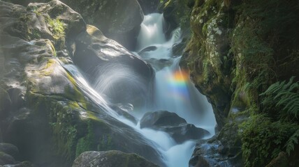 Ethereal Waterfall's Gentle Flow Amidst Mossy Rocks and a Rainbow's Kiss