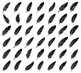 Black fluffy feather. Hand drawing vintage art realistic quill feathers for pen detailed isolated vector elegant silhouette sketch bird plume set