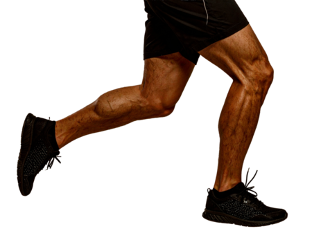 Strong athletic legs with ripped calf muscle of young sport man running isolated on transparent or white background