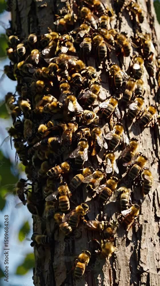 Poster close-up video of a swarm of bees on a tree trunk, captured from a low angle. the natural light high