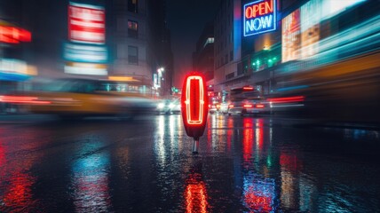 Futuristic Crimson Glow on Wet City Asphalt with Streaking Night Lights