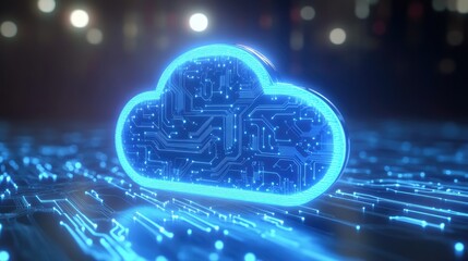 Digital cloud icon with glowing circuit board design.