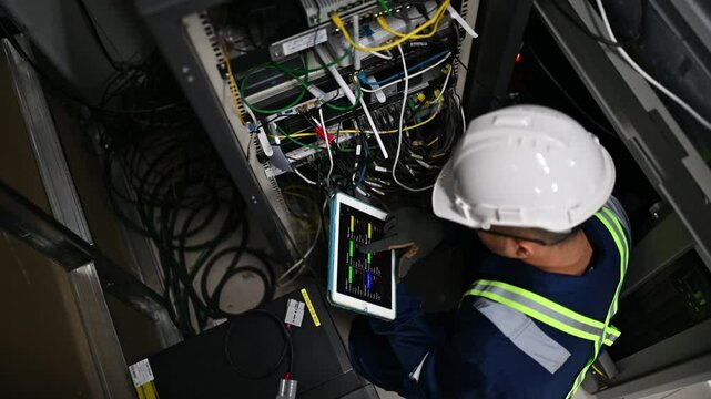 An expert repairman is seriously examining the problems of a server cabinet in an office.