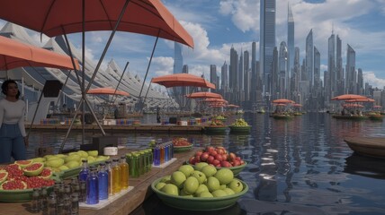 Futuristic Floating Market Scene with Vibrant Fruits and Towering Urban Skyscraper Backdrop