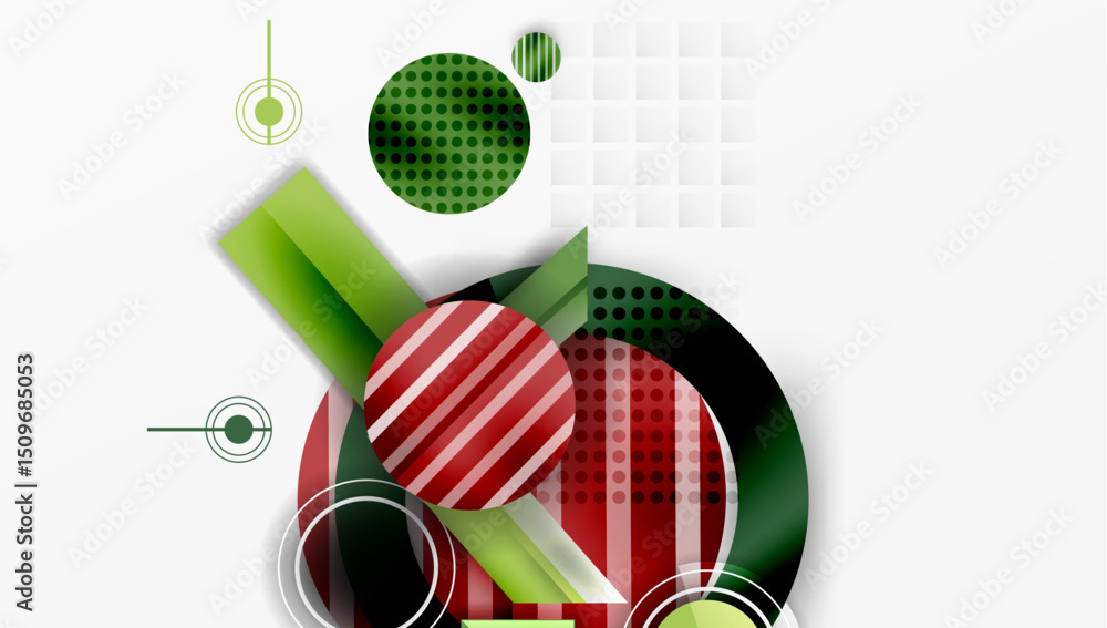 Aufkleber Abstract geometric composition. Circles, rectangles overlap creating dynamic visual effect. Green, red, black dominate white background.