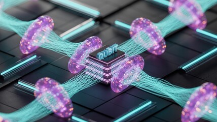Futuristic Qubit Quantum Computing Core with Glowing Energy Connections and Networked Pathways
