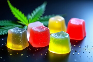 Assorted Square Gummy Candies with Sugar and Cannabis Leaf on Dark Surface