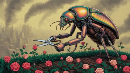 Giant Robotic Beetle Meticulously Prunes Roses Against a Smoggy City Skyline