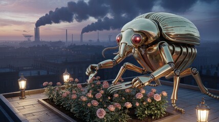 Gilded Automaton Beetle Cultivates Serene Roses Above a Smog-Choked Cityscape at Twilight