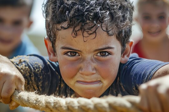 Determined boy pulling rope in tug-of-war game with friends