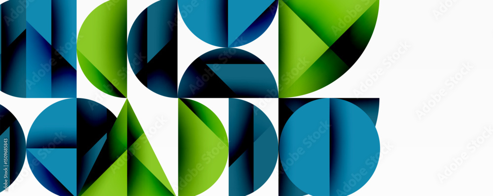 Poster Abstract geometric pattern. Blue, green shapes overlap creating modern design. Clean lines, simple forms dominate composition.