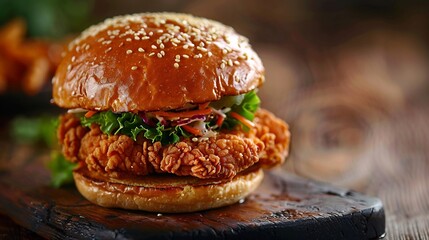 Crispy fried chicken sandwich with coleslaw and spicy mayo served on a toasted brioche bun
