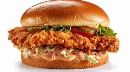 Crispy fried chicken sandwich with coleslaw and spicy mayo served on a toasted brioche bun