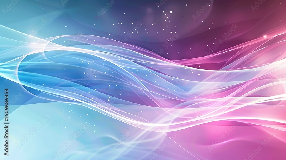 Poster abstract flowing lines and light particles on a gradient background of blue and pink