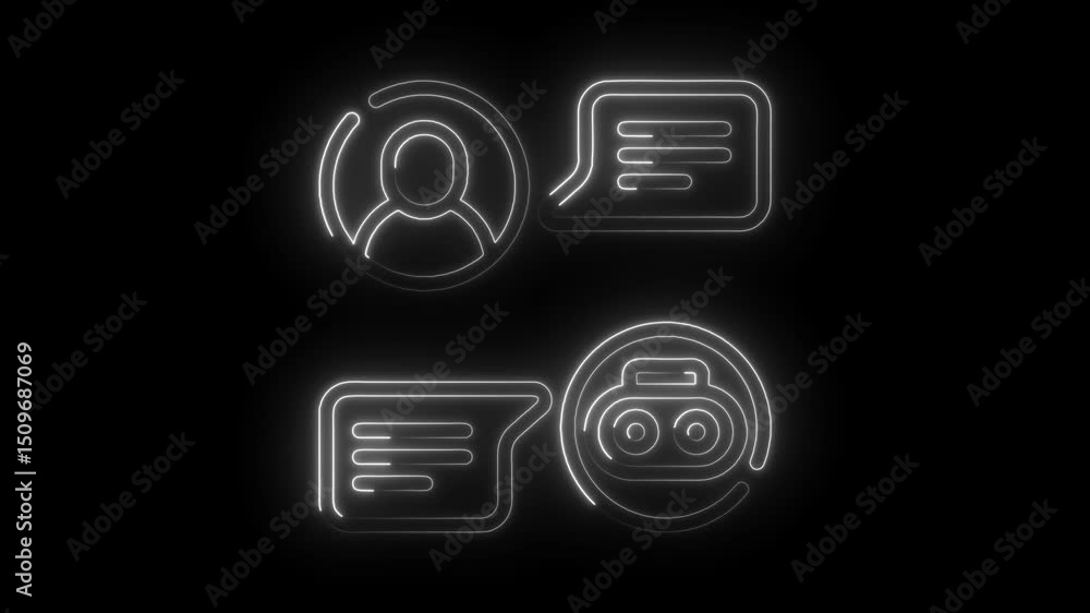 Poster neon technology icons animation including profile messaging and broadcasting on a black background