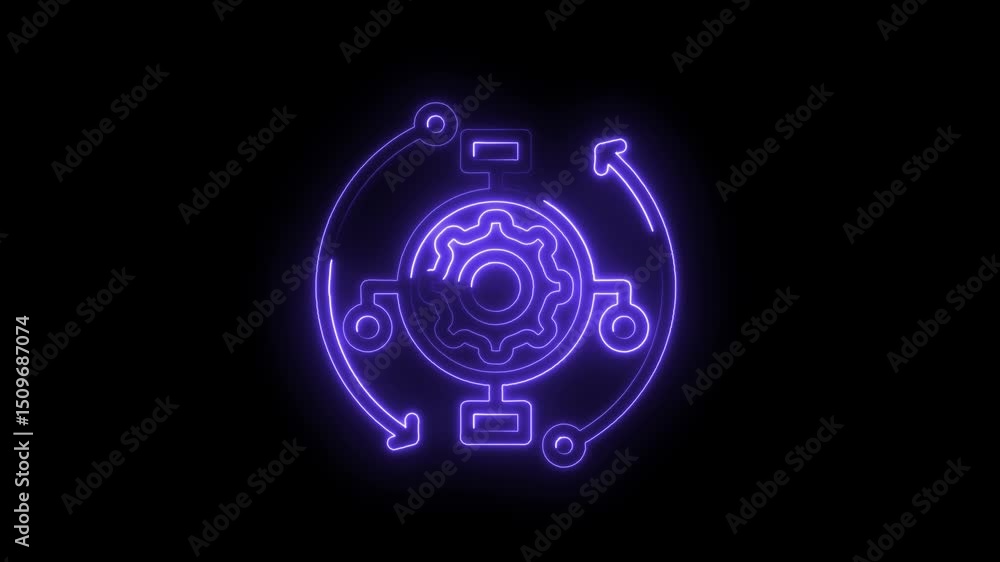Poster neon style circular workflow automation with gear outline on dark background perfect for tech videos