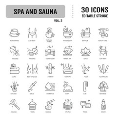 Spa and sauna line icon set. Editable stroke. Vector illustration