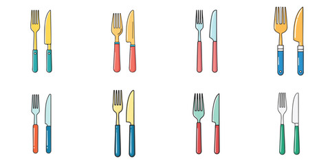 Multiple vector illustrations knife and fork, outlines