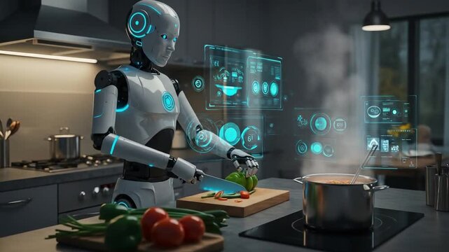 Futuristic robot chef preparing food in modern kitchen