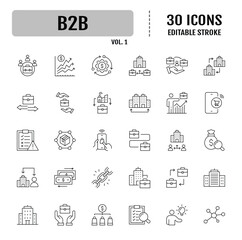 B2B icon set. Business to business, supplier, commerce, vendor, enterprise, partnership, manufacturer, purchase order, supply chain, transaction, quotation and more. Vector illustration