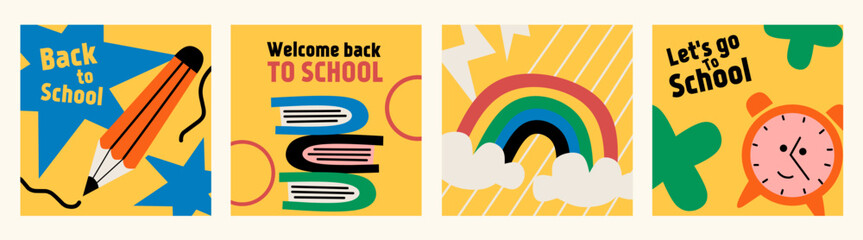Set of Back to school cards. Flat style education icons, symbols, doodles on yellow square background. Art collage, papers, hand drawn fun design elements. Bright colorful school subjects concept.