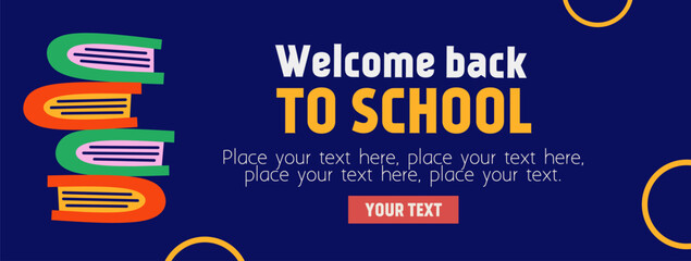 Back to school horizontal poster, web banner in trendy doodle style with geometric shapes, books element and modern typography for college, education, study concept. Templates ads, branding, sale.